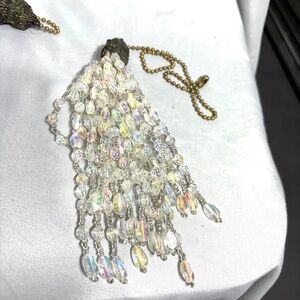 Beaded fan pull tassel  21” total tassel is 7” iridescent white pink clear